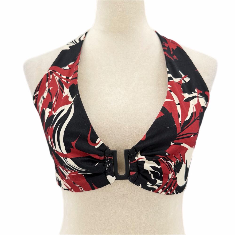 Jets Australia Black Red Cream Abstract Floral Adjustable Tie Halter Bikini Top